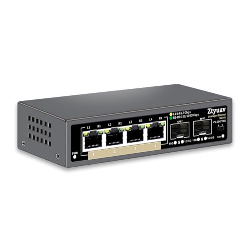 Ztyuav 6 Port Unmanaged 2.5G Ethernet Switch with 4 x 2.5G RJ-45 Base-T Ports, 2 x 10G SFP+, Ports Speed Auto-Negotiation-100/1000/2500Mbps, One-Key VLAN, Plug & Play, Fanless & Metal - Image 1