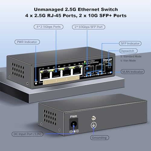 Ztyuav 6 Port Unmanaged 2.5G Ethernet Switch with 4 x 2.5G RJ-45 Base-T Ports, 2 x 10G SFP+, Ports Speed Auto-Negotiation-100/1000/2500Mbps, One-Key VLAN, Plug & Play, Fanless & Metal - Image 2