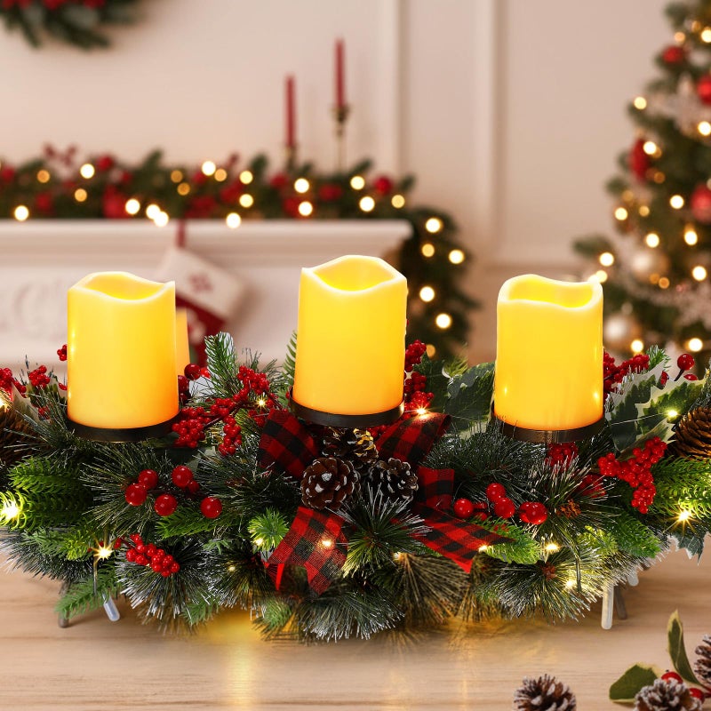 Baquler LED Christmas Candle Holder Centerpiece with 3 Candle Led Battery Operated Artificial Christmas Table Decorations Base Candelabrum for Dining Room Kitchen Indoor HomeBlack and Red