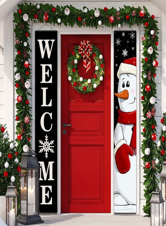 Tiamon Christmas Porch Sign Banner Winter Welcome Front Porch Banner Merry Christmas Snowman Santa Claus Door Banner for Xmas Holiday Front Door Wall Hanging Decorations Supplies Indoor Outdoor (Snowman) - Image 1