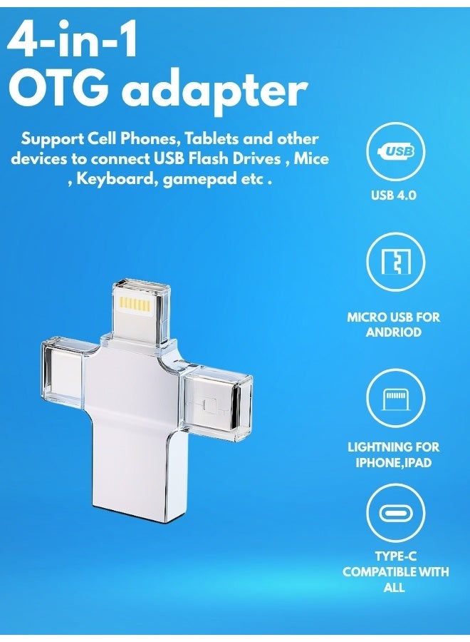 4-in-1 OTG USB Flash Drive 128GB – High-Speed USB 3.0 Memory Stick with Lightning, Type-C, Micro USB & Standard USB Connectors for iPhone, iPad, Android, Mac, and PC (128 GB) - Image 1