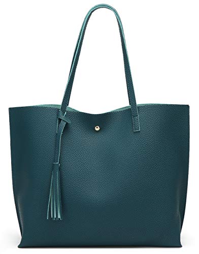 Dreubea Women's Soft Faux Leather Tote Shoulder Bag from, Big Capacity Tassel Handbag Dark Teal - Image 1