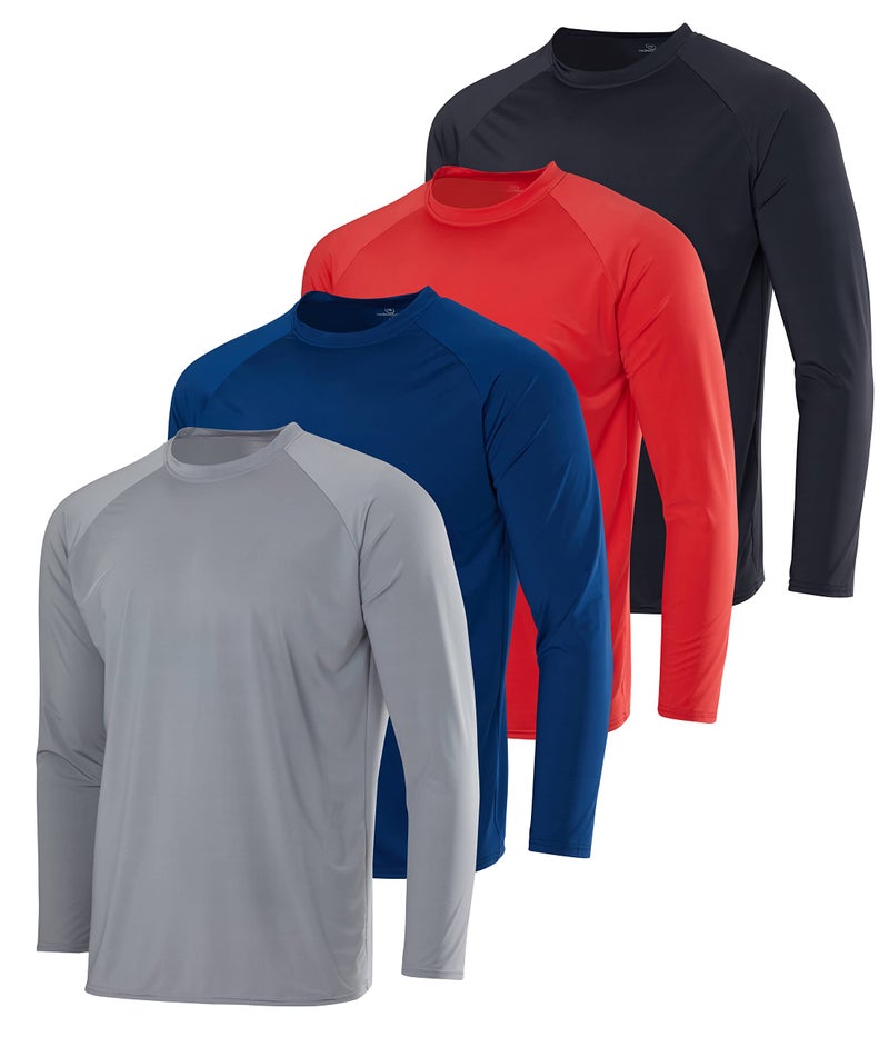 Real Essentials 4 Pack Mens Long Sleeve Rash Guard Shirt UPF 50 Swim Beach UV Sun Protection Fishing Quick Dry Big Tall