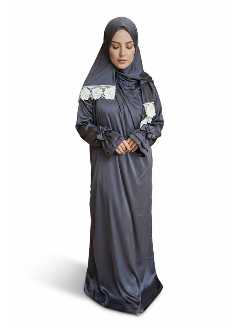 KESSAA Lamar Women’s Premium Prayer Isdal – Armani Silk Full-Coverage Salah Dress with Integrated Head Scarf | Non-Transparent Lightweight Fabric | Free Size Fits S–2XL | Modest Islamic Wear - Dark-Gray - Image 1