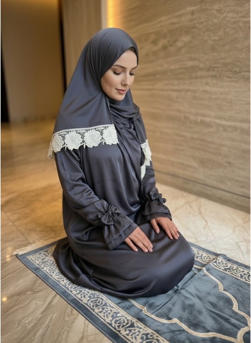 KESSAA Lamar Women’s Premium Prayer Isdal – Armani Silk Full-Coverage Salah Dress with Integrated Head Scarf | Non-Transparent Lightweight Fabric | Free Size Fits S–2XL | Modest Islamic Wear - Dark-Gray - Image 5