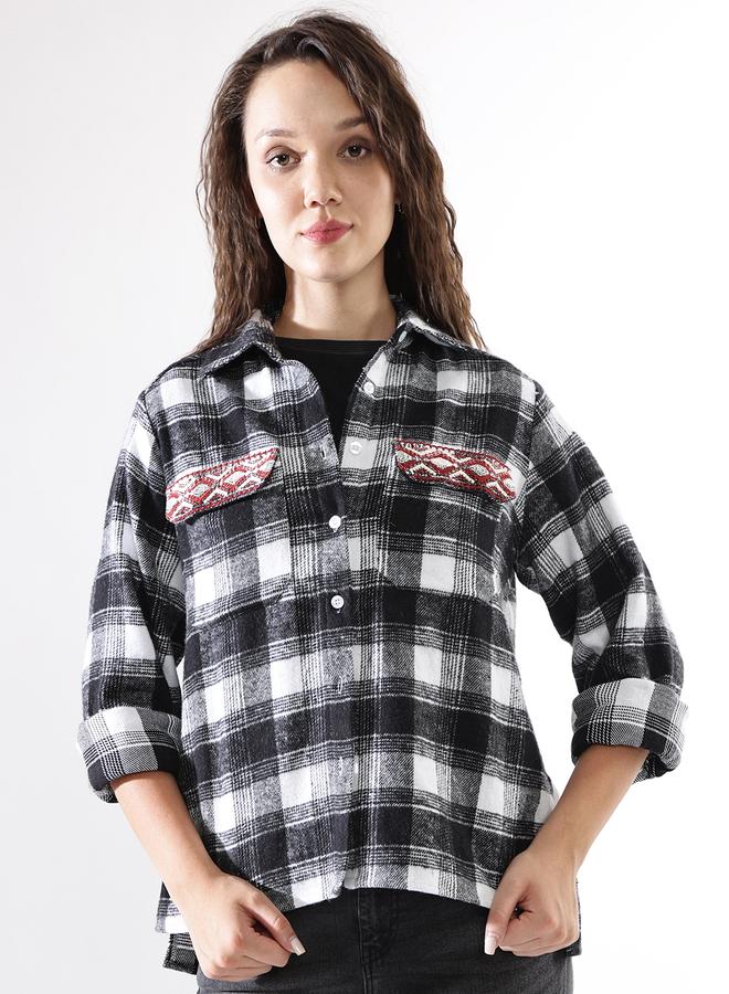 HIGH STAR Women'S Multicolour 100% Cotton Embroidered Button Down Relaxed Shirt - Image 3