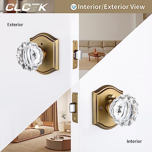 CLCTK Glass Door Knobs Interior, Vintage Style Privacy Crystal Door Knobs with Lock, Antique Brass Door Knobs for Bedroom Bathroom, Push Pin Button Inside Lock, 1 Pack - Image 3