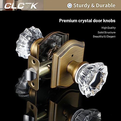 CLCTK Glass Door Knobs Interior, Vintage Style Privacy Crystal Door Knobs with Lock, Antique Brass Door Knobs for Bedroom Bathroom, Push Pin Button Inside Lock, 1 Pack - Image 2