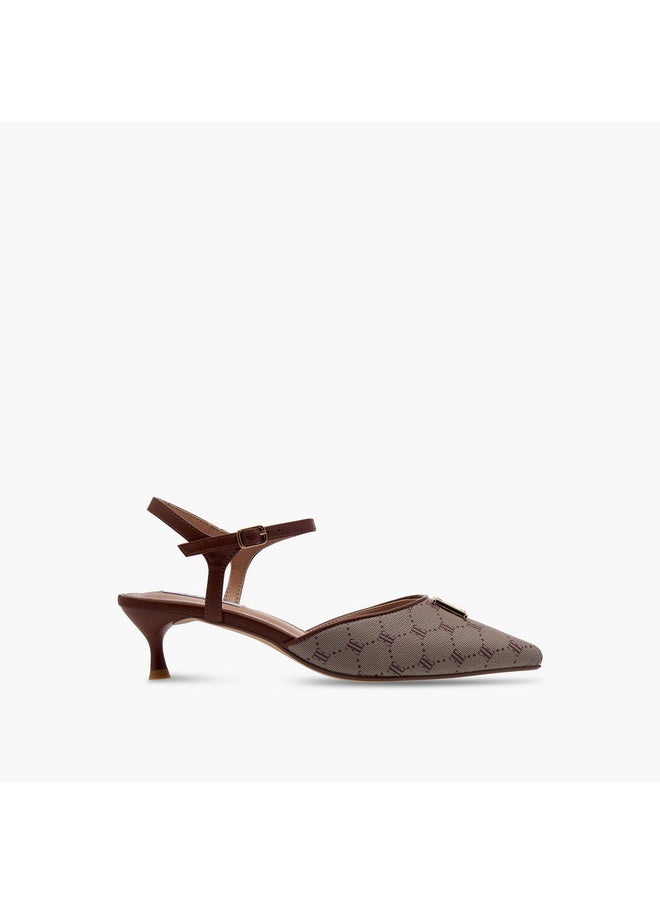 ELLE Women's Monogram Print Pointed Toe Sandals with Kitten Heels  - Image 3