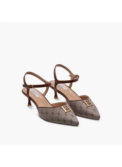ELLE Women's Monogram Print Pointed Toe Sandals with Kitten Heels