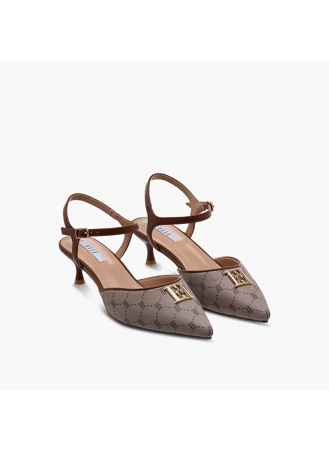 ELLE Women's Monogram Print Pointed Toe Sandals with Kitten Heels