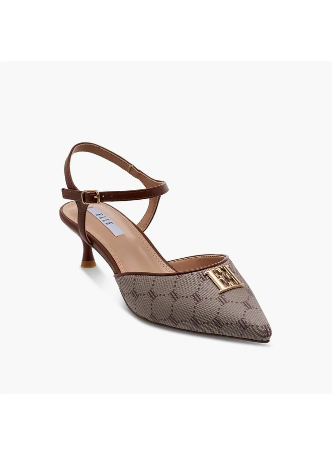 ELLE Women's Monogram Print Pointed Toe Sandals with Kitten Heels