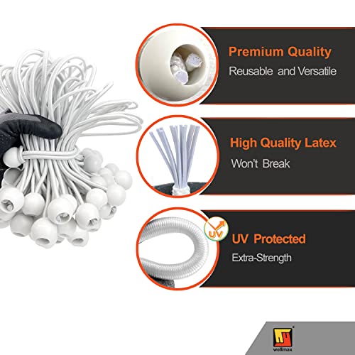 Wellmax 6 inch 100 Piece Heavy Duty 5mm Ball Bungee Canopy Cord by Wellmax, White Color - Image 3