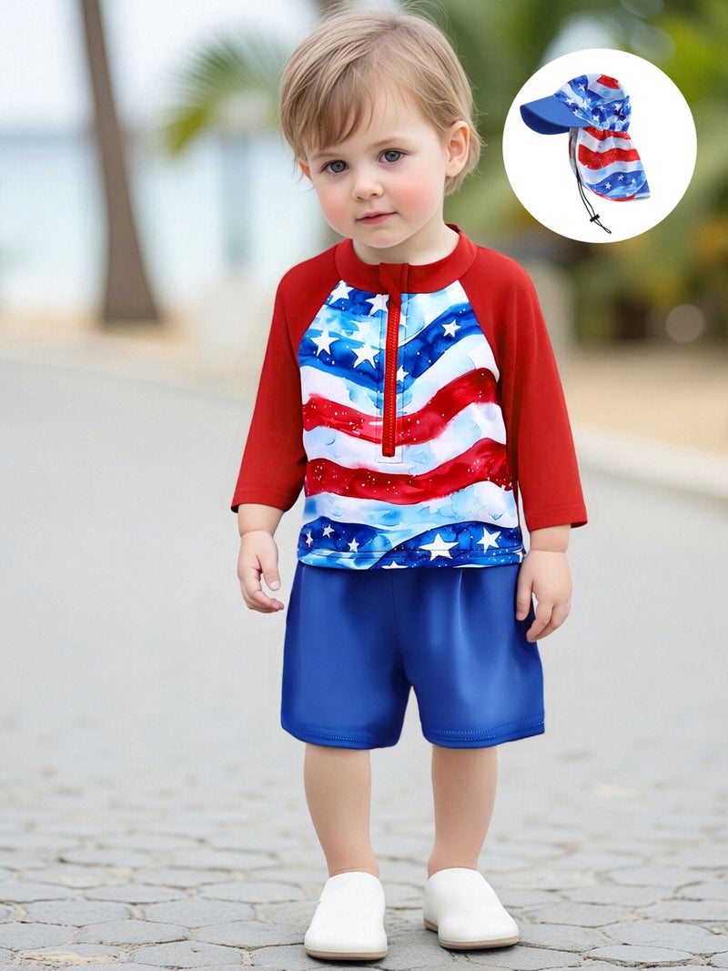 Boys 4th of July Swimsuit, Long Sleeve Stars Print T-shirt with Shorts and Hat Rash Guard Swim Set - Image 1