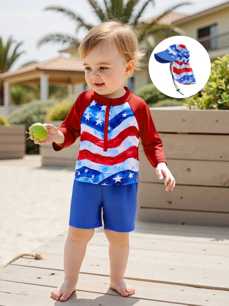 Boys 4th of July Swimsuit, Long Sleeve Stars Print T-shirt with Shorts and Hat Rash Guard Swim Set - Image 4