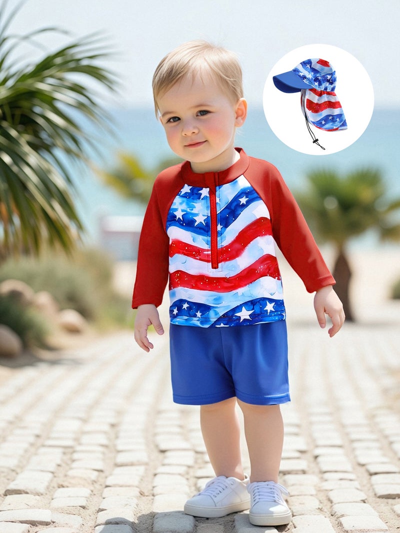 Boys 4th of July Swimsuit, Long Sleeve Stars Print T-shirt with Shorts and Hat Rash Guard Swim Set - Image 3