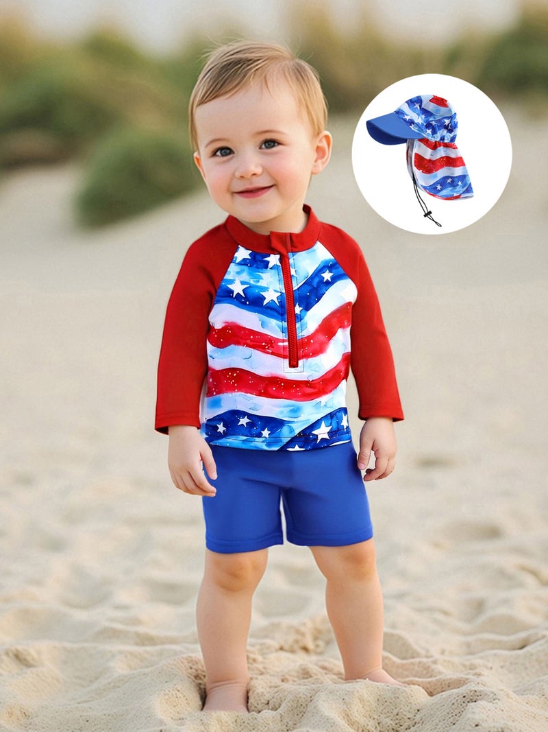 Boys 4th of July Swimsuit, Long Sleeve Stars Print T-shirt with Shorts and Hat Rash Guard Swim Set - Image 5
