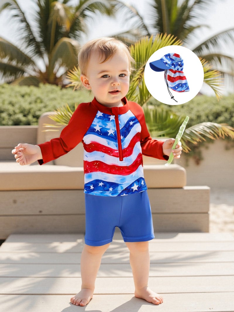 Boys 4th of July Swimsuit, Long Sleeve Stars Print T-shirt with Shorts and Hat Rash Guard Swim Set - Image 2
