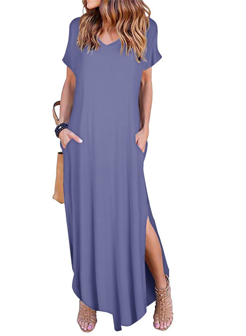 Arolina Women's Summer Maxi Dress Short Sleeve V Neck Casual Loose Long Beach Split Dresses with Pockets Purple Grey - Image 1