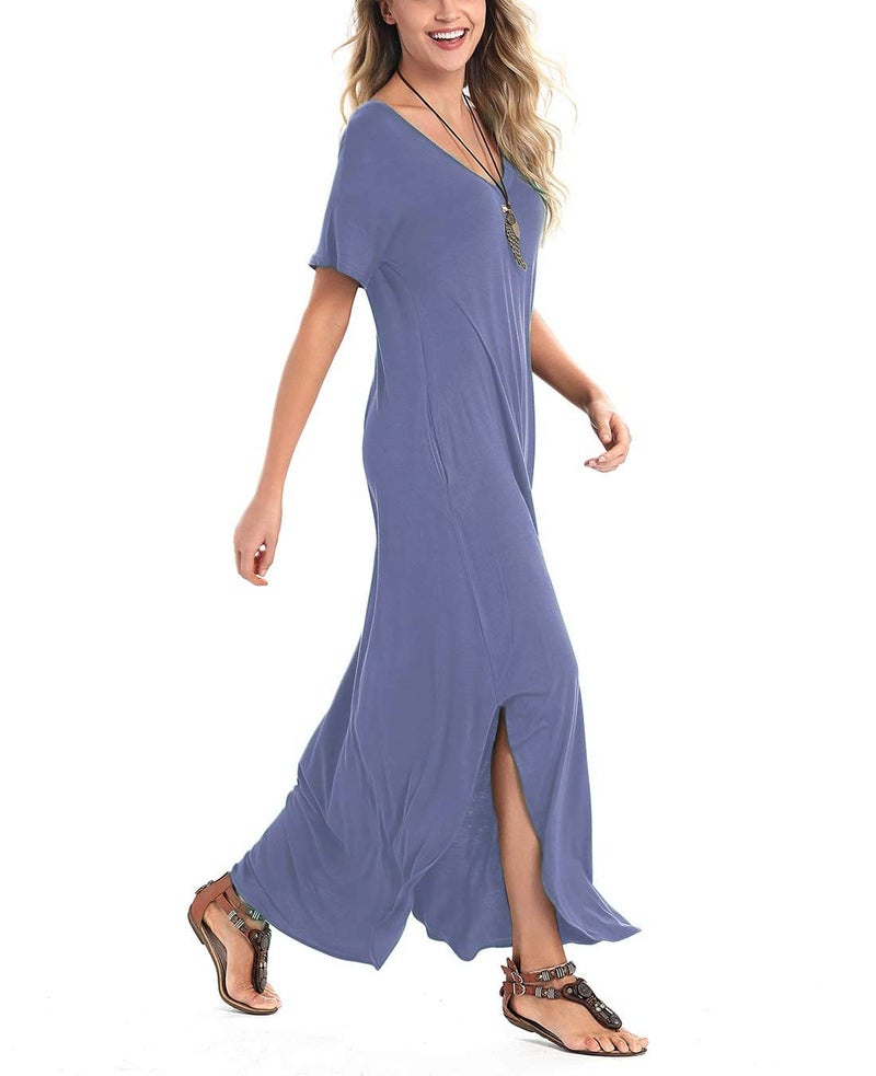 Arolina Women's Summer Maxi Dress Short Sleeve V Neck Casual Loose Long Beach Split Dresses with Pockets Purple Grey - Image 3