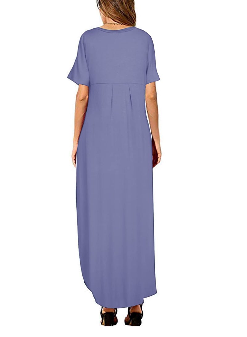 Arolina Women's Summer Maxi Dress Short Sleeve V Neck Casual Loose Long Beach Split Dresses with Pockets Purple Grey - Image 2