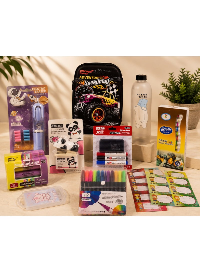 Complete school supply set for boys (10 items): pencil case, water bottle, art apron, coloring supplies, pencils, ruler, sharpener, eraser, stickers, and name tag. - Image 1