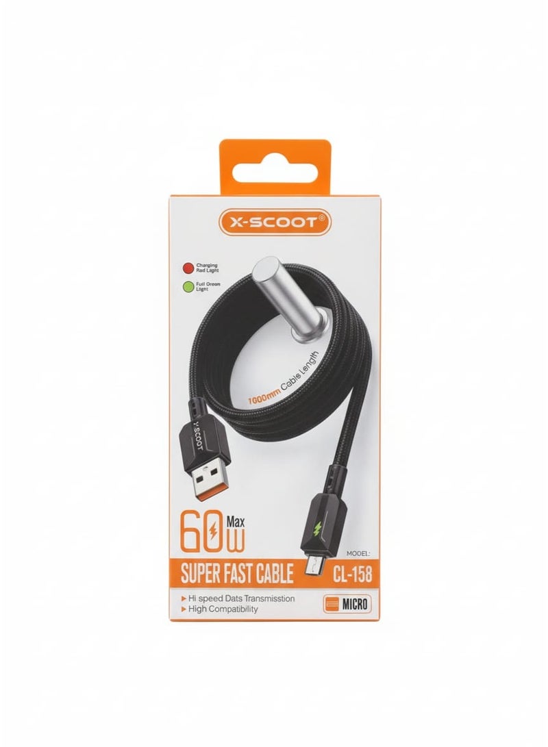 X-SCOOT CL-158 60W Micro USB Data Cable – Superfast 1000mm Woven Fast Charging Cable with LED Indicator and High-Speed Data Transmission - Image 2