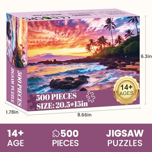 Edsjegn 500 Piece Beach Puzzle for AdultsSunset Puzzle Recycled Cardboar Jigsaw Puzzles 500 Pieces Challenging Family Activity Great Gift Idea for Family Friends Difficult Puzzles Size 205 x 15 inches - Image 5