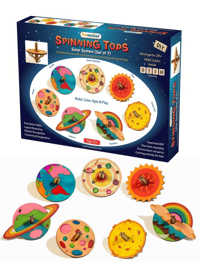 فنفينشين مجموعة Funvention DIY Spinning Tops (نظام شمسي) - مجموعة من 7 قطع دوارة DIY فريدة من نوعها + ألوان مجانية - مجموعة ألعاب ألغاز وتلوين ثلاثية الأبعاد لتعلم العلوم والرياضيات - Image 1