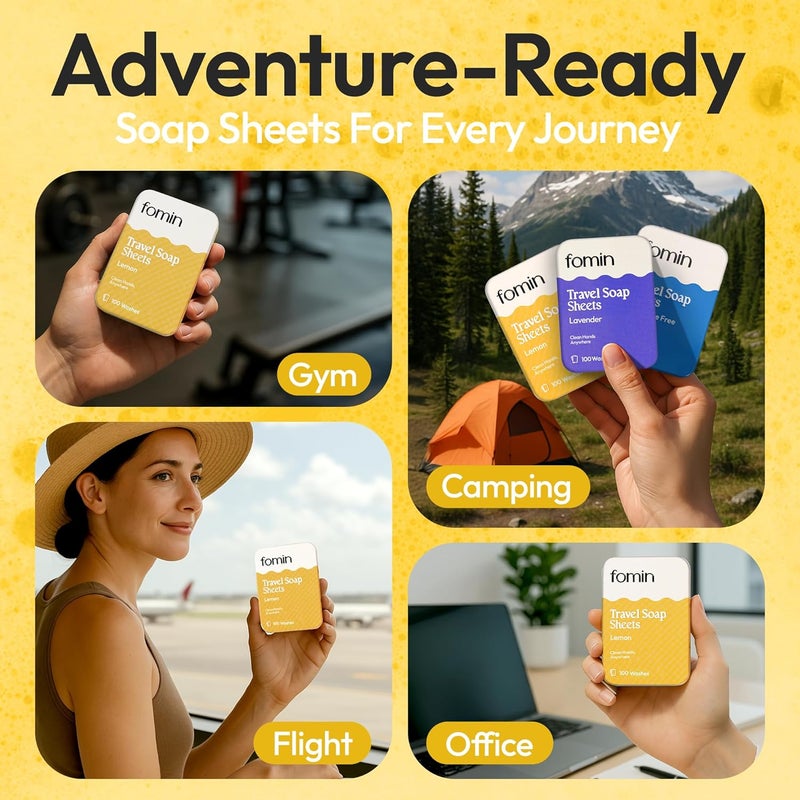 FOMIN - Antibacterial Paper Soap Sheets Tin for Traveling - (300 Sheets) Fragrance-Free, Orange, Lemon Portable Travel Hand Soap Sheets, Dissolvable Camping Mini Hand Soap for Hand Washing - Image 3