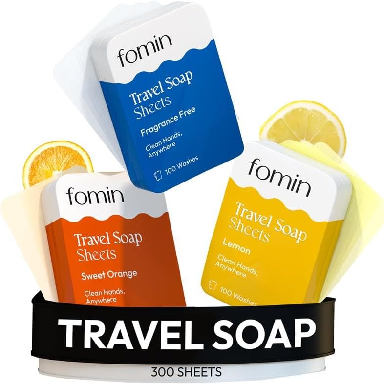 FOMIN - Antibacterial Paper Soap Sheets Tin for Traveling - (300 Sheets) Fragrance-Free, Orange, Lemon Portable Travel Hand Soap Sheets, Dissolvable Camping Mini Hand Soap for Hand Washing - Image 1