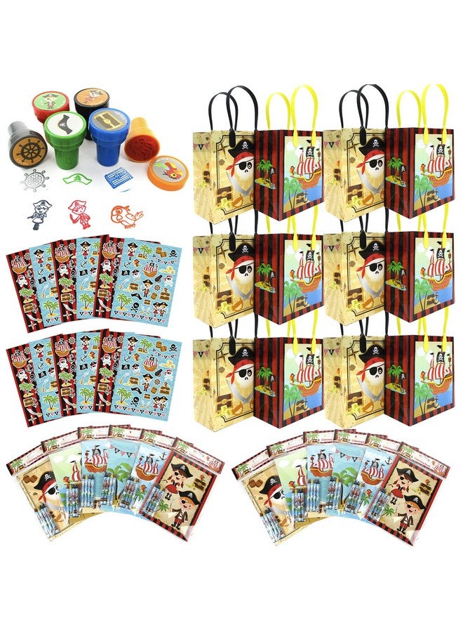 TINYMILLS Pirate Birthday Party Favor Set Of 108 Pcs (12 Large Party Favor Bags With Handles 24 Stampers 12 Sticker Sheets 12 Coloring Books 48 Crayons) Party Bundles For Birthday Party - Image 2