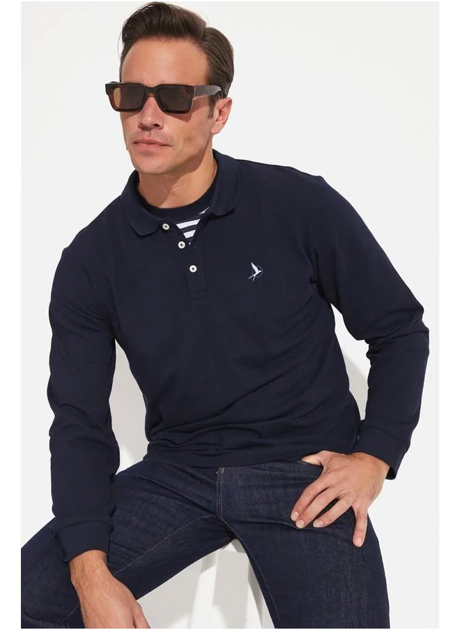 JUNE June Men Regular Fit Embroidered Long Sleeve Polo Neck Tshirt Dark Navy