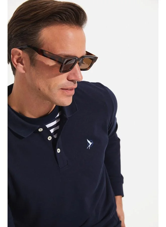جون June Men Regular Fit Embroidered Long Sleeve Polo Neck Tshirt Dark Navy