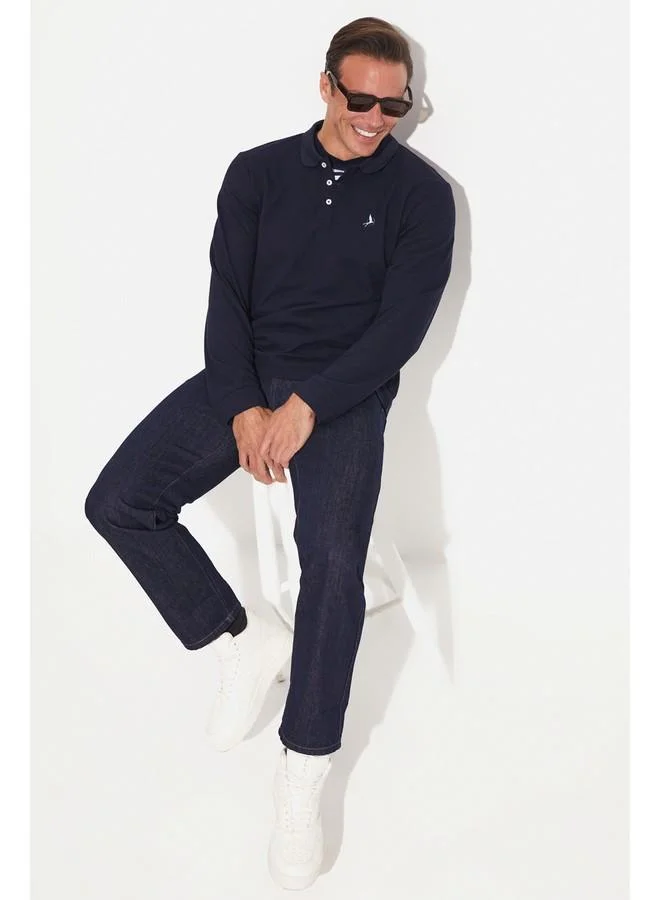 جون June Men Regular Fit Embroidered Long Sleeve Polo Neck Tshirt Dark Navy