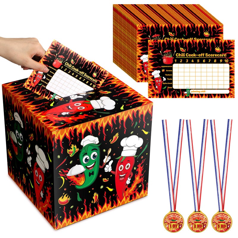 WinnerWhy Chili Cook off Contest Ballot Box with 50 Pcs Voting Cards and 3 Pcs Trophy Award Ribbons Medal for Chili Cook off Game Award Prizes Party Supplies Decorations - Image 2