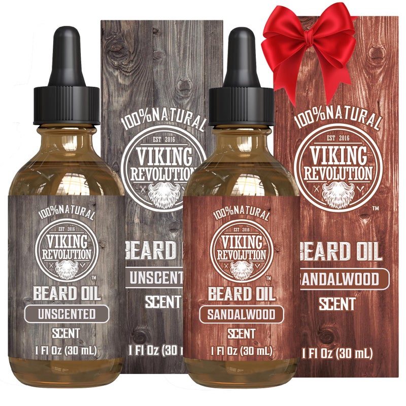Viking Revolution Sandalwood and Unscented Beard Oil for Men - Natural Mens Beard Oil with Argan Oil and Jojoba Oil - Beard Softener, Strengthens and Moisturizes - Beard Conditioner for Men (2 Pack) - Image 1
