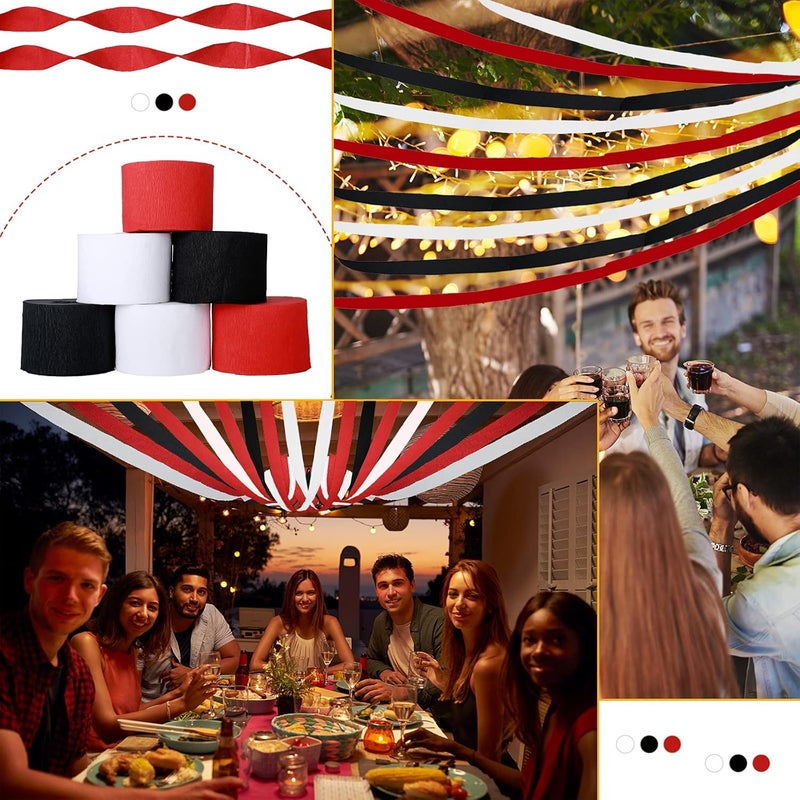 كلاراكو 9 لفات من ورق الكريب لتزيين الحفلات، بطول 246 ياردة، بثلاثة ألوان، لحفلات الزفاف وأعياد الميلاد والتجمعات العائلية ومستلزمات الحفلات (أسود، أبيض، أحمر، تصميم بسيط) - Image 4