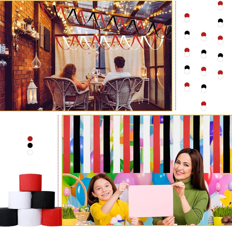 كلاراكو 9 لفات من ورق الكريب لتزيين الحفلات، بطول 246 ياردة، بثلاثة ألوان، لحفلات الزفاف وأعياد الميلاد والتجمعات العائلية ومستلزمات الحفلات (أسود، أبيض، أحمر، تصميم بسيط) - Image 5