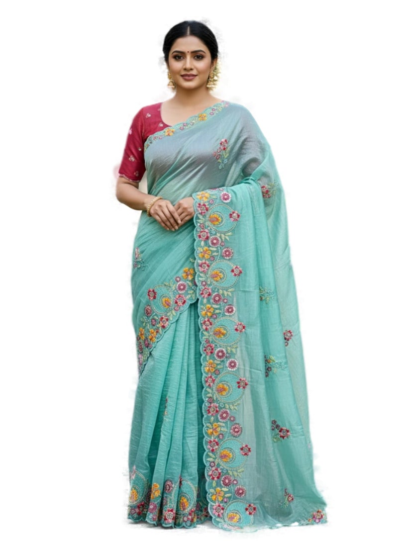 Glory Sarees Women’s Pure Silk Gold Crushed Sequence Embroidery Work Scallop Border Saree With Blouse Piece (LF836_Firozi) - Image 1