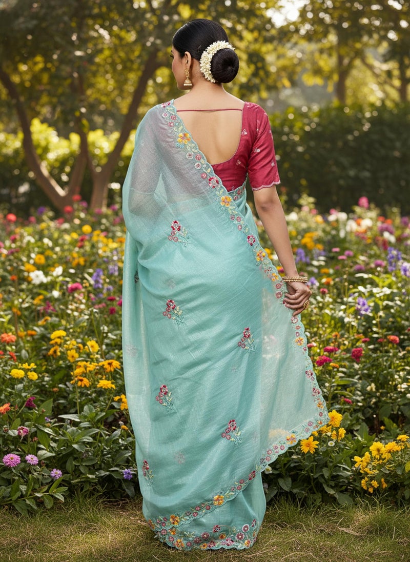 Glory Sarees Women’s Pure Silk Gold Crushed Sequence Embroidery Work Scallop Border Saree With Blouse Piece (LF836_Firozi) - Image 3