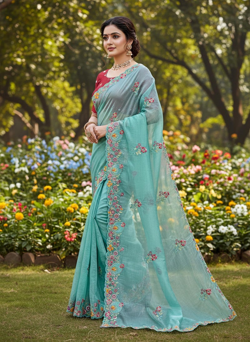 Glory Sarees Women’s Pure Silk Gold Crushed Sequence Embroidery Work Scallop Border Saree With Blouse Piece (LF836_Firozi) - Image 2
