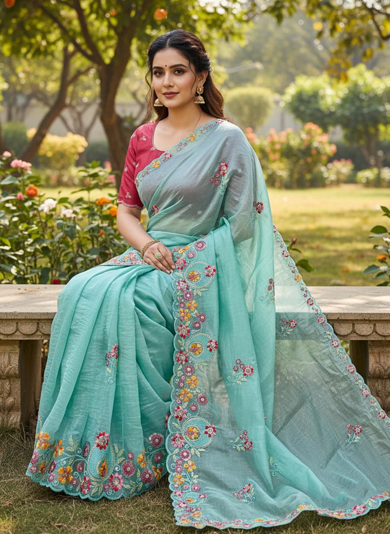 Glory Sarees Women’s Pure Silk Gold Crushed Sequence Embroidery Work Scallop Border Saree With Blouse Piece (LF836_Firozi) - Image 4
