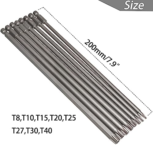 Saipe 8pcs 200mm/7.9" Long Torx Head Screwdriver Bit Set Magnetic Tamper Proof Security Torx Bit Set 1/4" Hex Shank Star Screw Driver Drill Bits T8-T40 - Image 5