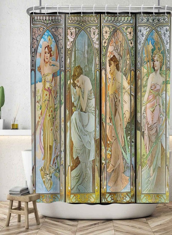NTETSN ستارة حمام من قماش الكانفاس بتصميم سيدة على طراز فن الآرت نوفو من إن تي إي تي إس إن، أوقات الفن في اليوم، ألفونس موتشا: الاستيقاظ صباحًا، الفجر، أحلام المساء، راحة الليل، مزودة بخطافات، 72 بوصة × 78 بوصة - Image 5