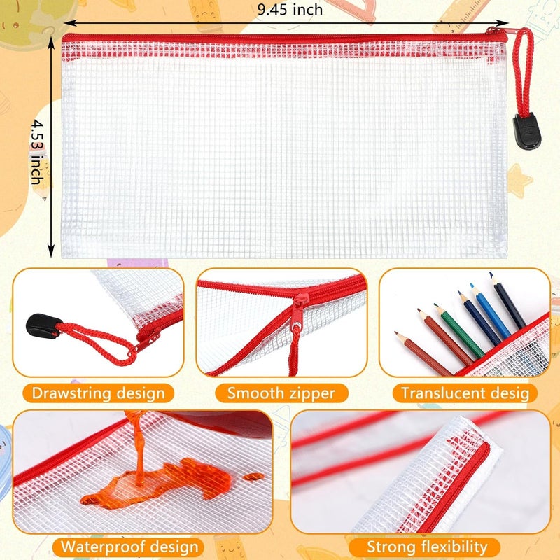 Handepo 100 Pack Mesh Zipper Pouch Pencil Pouches Bulk Clear File Bag Waterproof Document Pouch Multipurpose for Storage Office Travel Puzzle Game (White Pouch Red Zipper,A6/9.45x4.53in) - Image 2