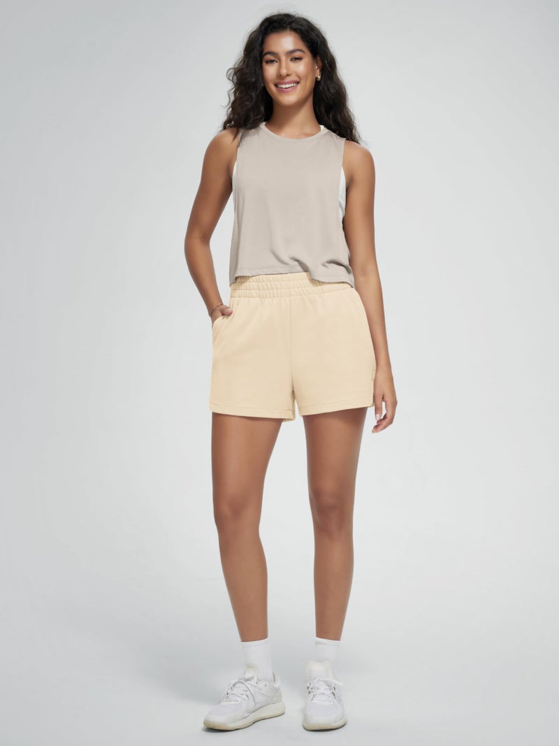 ODODOS Women's Sweat Shorts Cotton French Terry Curved Hem Workout Casual Relaxed Lounge Shorts with Pockets, Beige, X-Small - Image 3