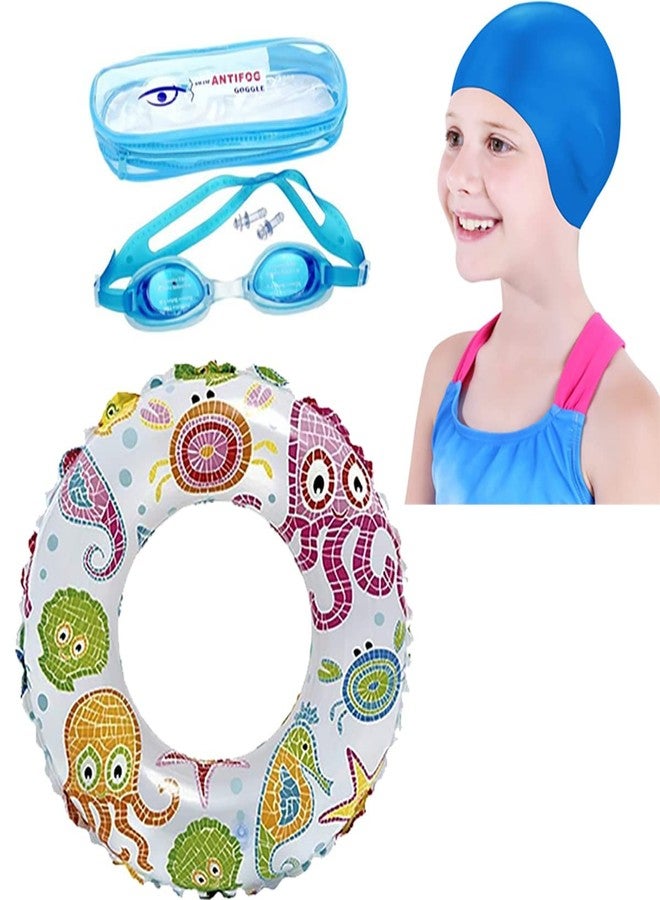 SHIFTER Swimming Set for Kids with Swimming Goggles, Cap and Swim Ring, Random Colors and Design; Suitable of 4-9 Years (Swim Ring + Goggles + Cap) Blue - Image 1