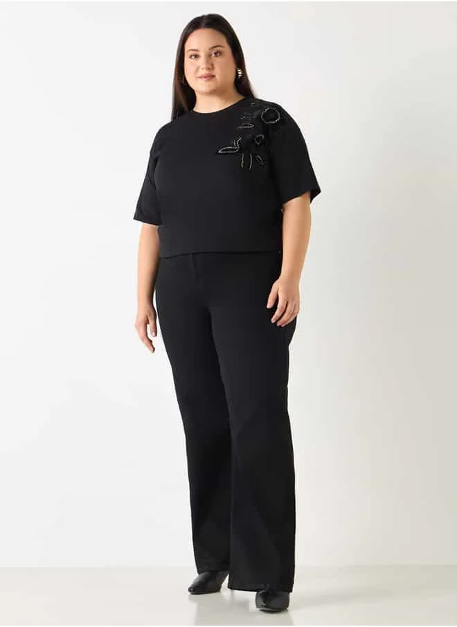 Ulla Popken Plus Size Ulla Popken Embellished T-shirt with Short Sleeves