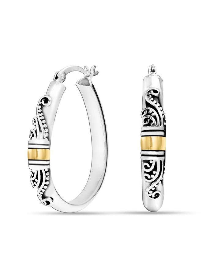 LeCalla 925 Sterling Silver Bali-Style Hoop Earrings Lightweight Click-Top Antique Two-Tone Beaded Italian Bali Style Earring Hoops for Women, Sterling Silver, No Gemstone - Image 3